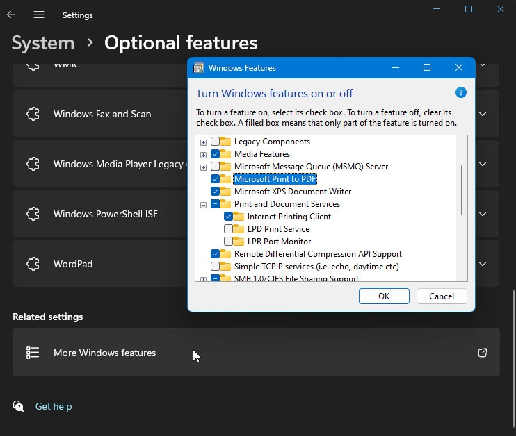 Aggiungi Stampa in PDF tramite la finestra delle funzionalità di Windows - Microsoft Print to PDF mancante