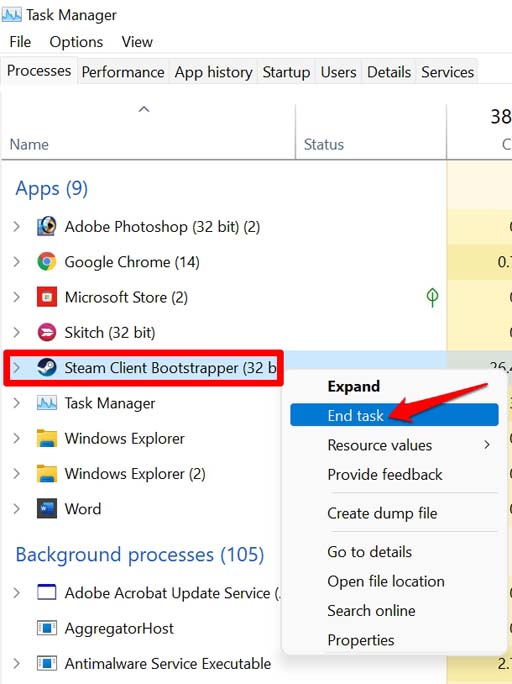 terminer la tâche pour le client Steam pour Windows OS