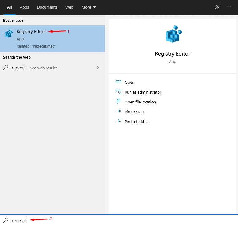 press Windows Key + S and then look for “Regedit”