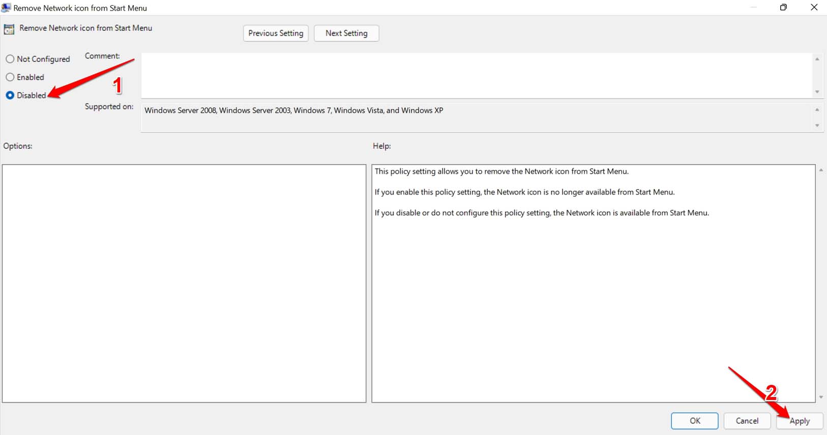 Windowsでネットワークアイコンを有効にする