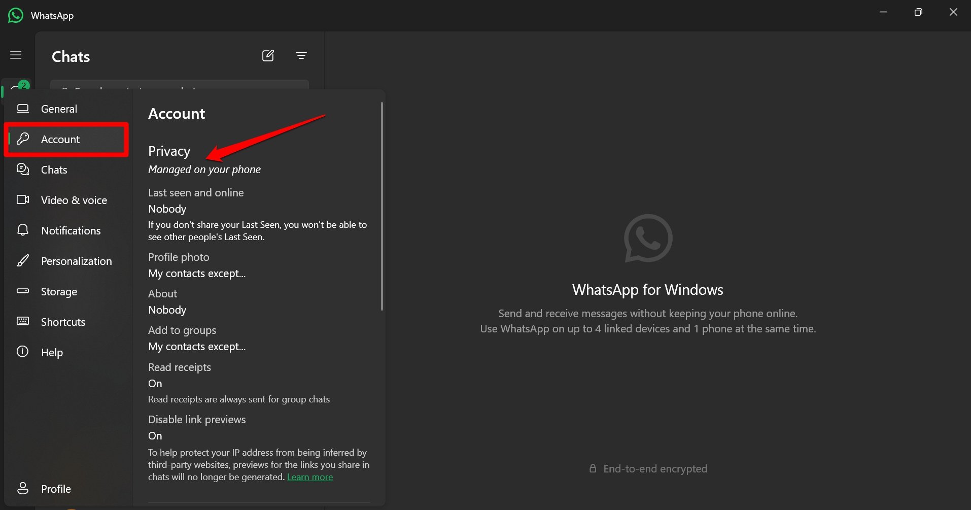 impostazioni sulla privacy del client desktop di whatsapp