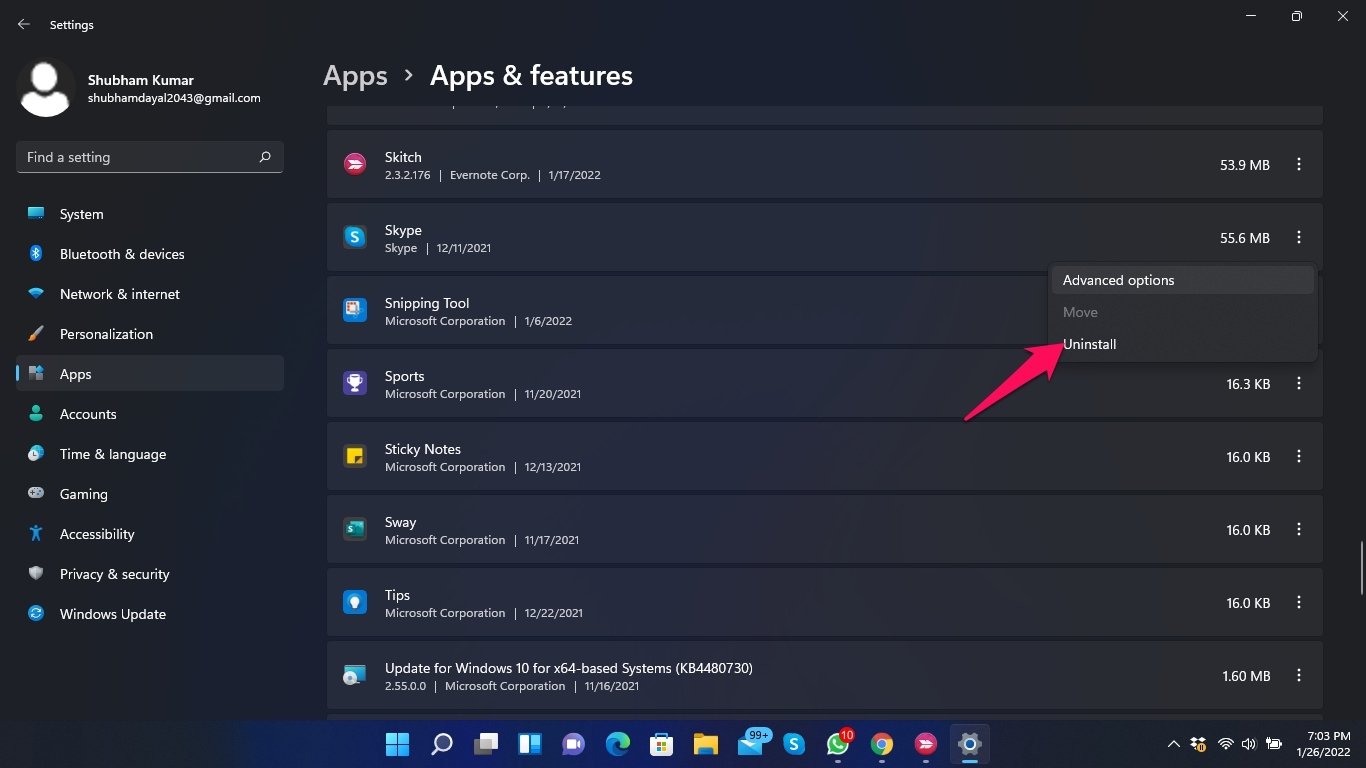 disinstalla skype