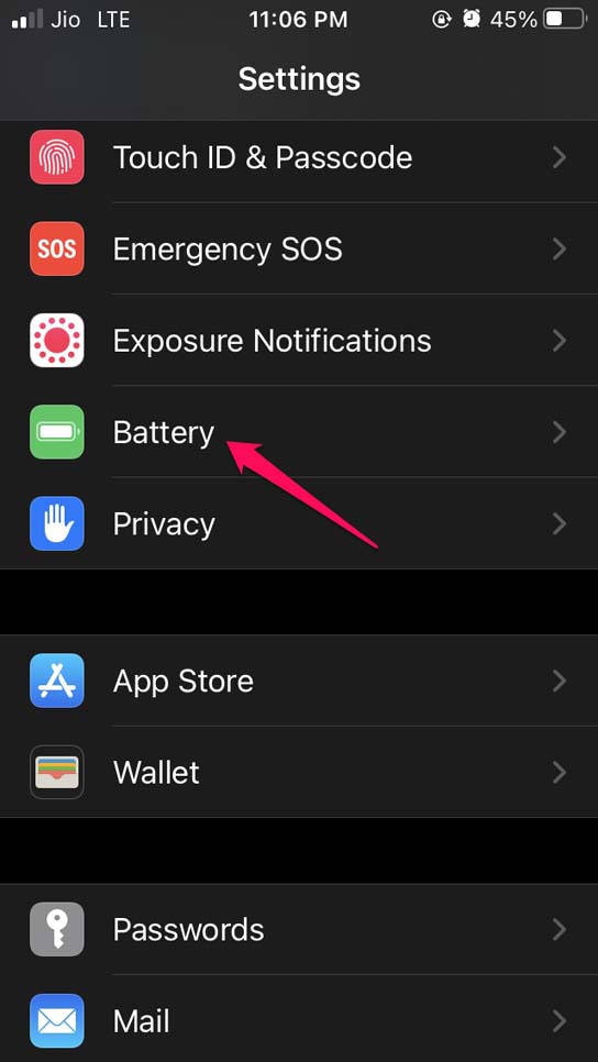 Abrir configurações de Bateria iOS
