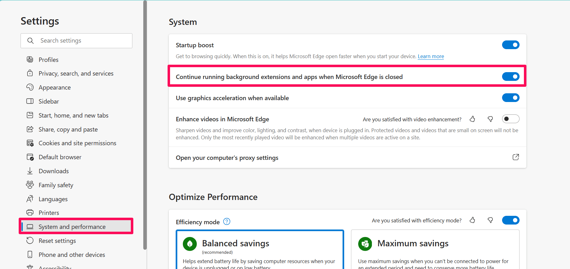 Haz clic en el interruptor de Continuar ejecutando extensiones y aplicaciones en segundo plano cuando Microsoft Edge esté cerrado