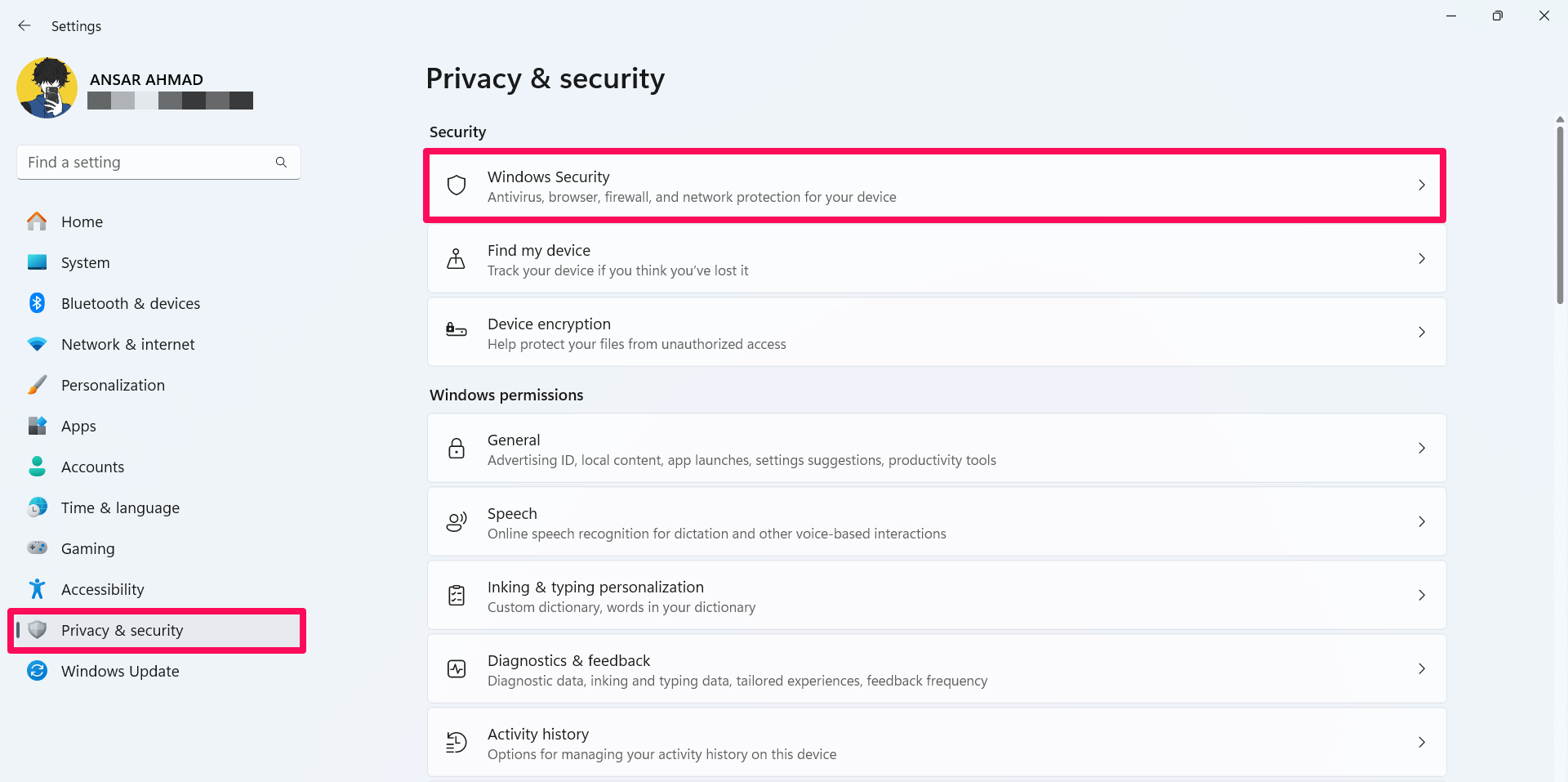 Klicken Sie auf Datenschutz & Sicherheit und wählen Sie Windows-Sicherheit