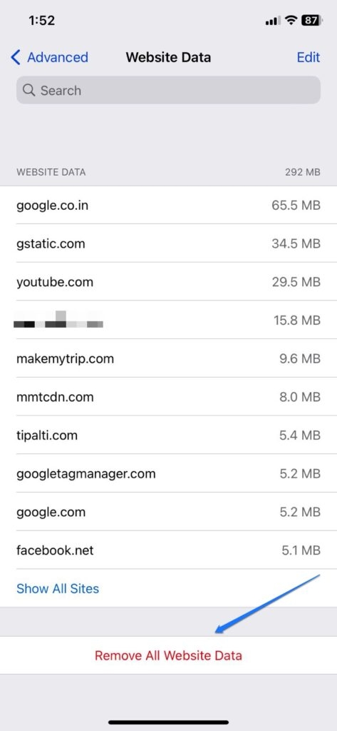 Supprimer toutes les données de site Web Safari - L'iPhone ne peut pas accéder à certains sites