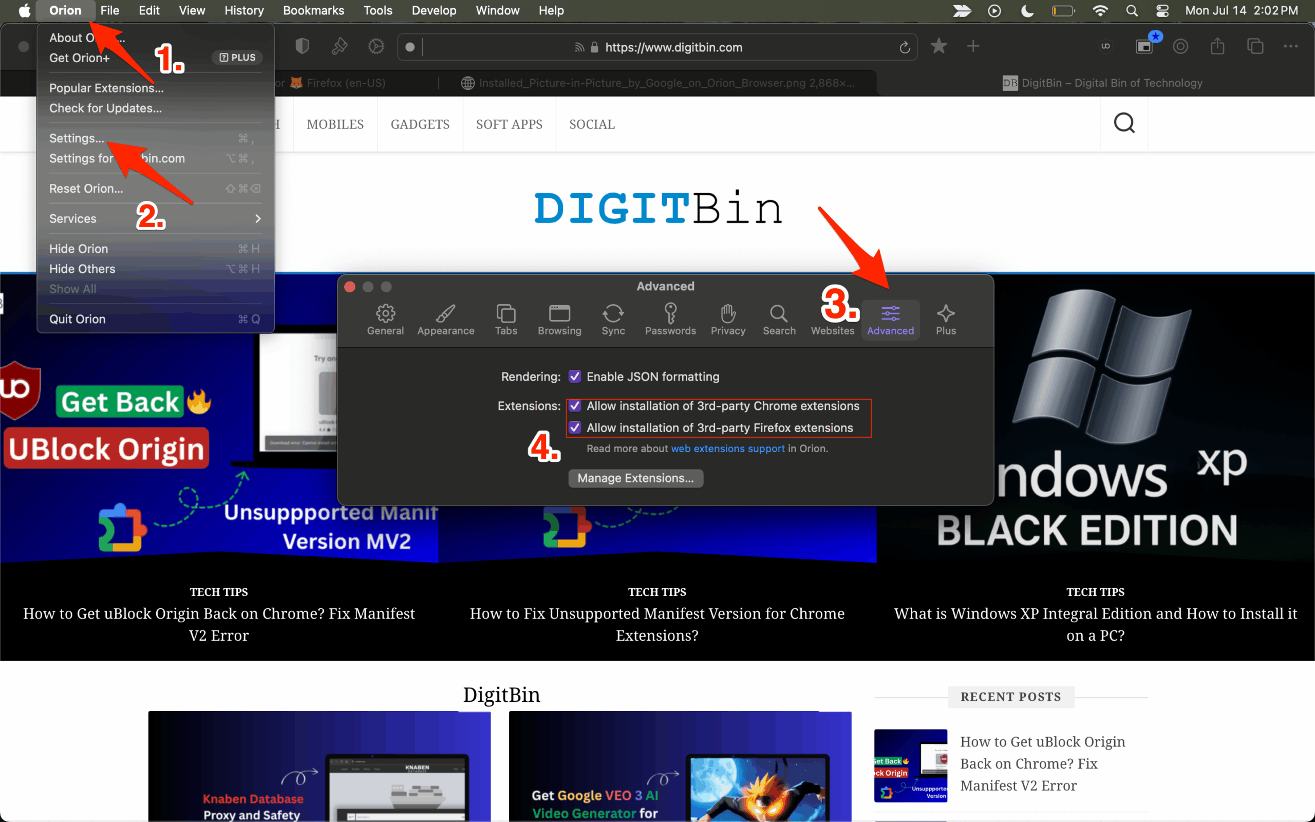 Consenti l'installazione delle estensioni Chrome e Firefox dalle Impostazioni Avanzate del Browser Orion