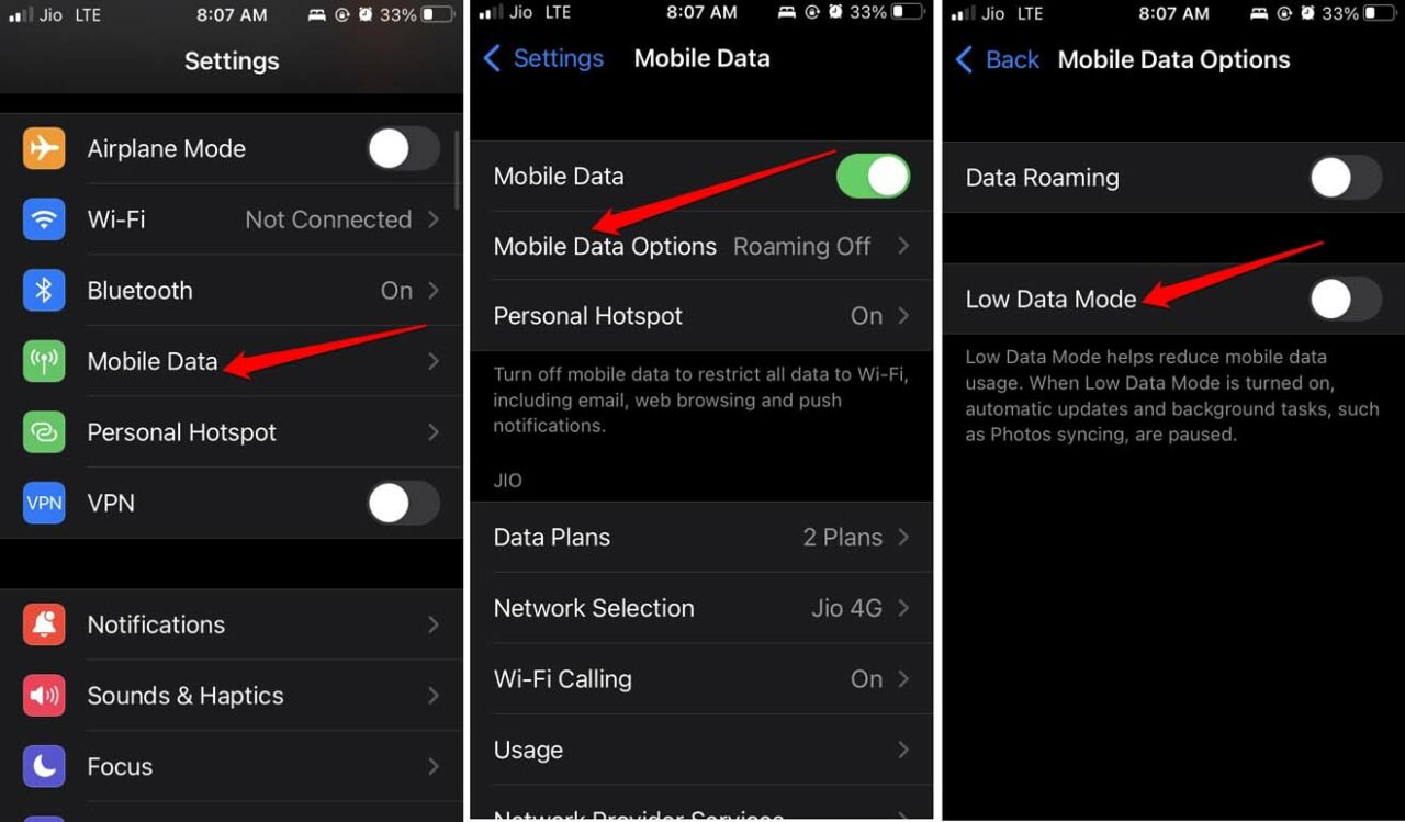 disable low data mode on iPhone