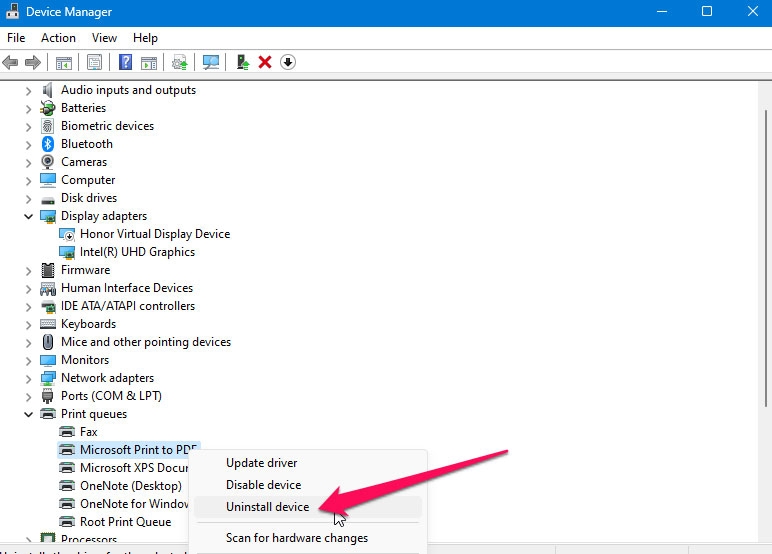 Reinstallare Microsoft Print to PDF utilizzando Gestione dispositivi - Microsoft Print to PDF mancante