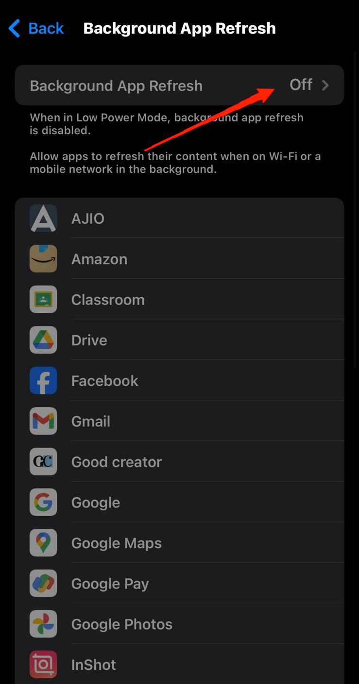Vous pouvez soit désactiver le rafraîchissement des applications en arrière-plan pour toutes les applications, soit sélectionner uniquement certaines applications.