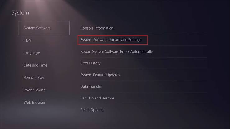 Aggiorna il software di sistema PS5 - Errore WV-109156-2 con i giochi EA su PS5