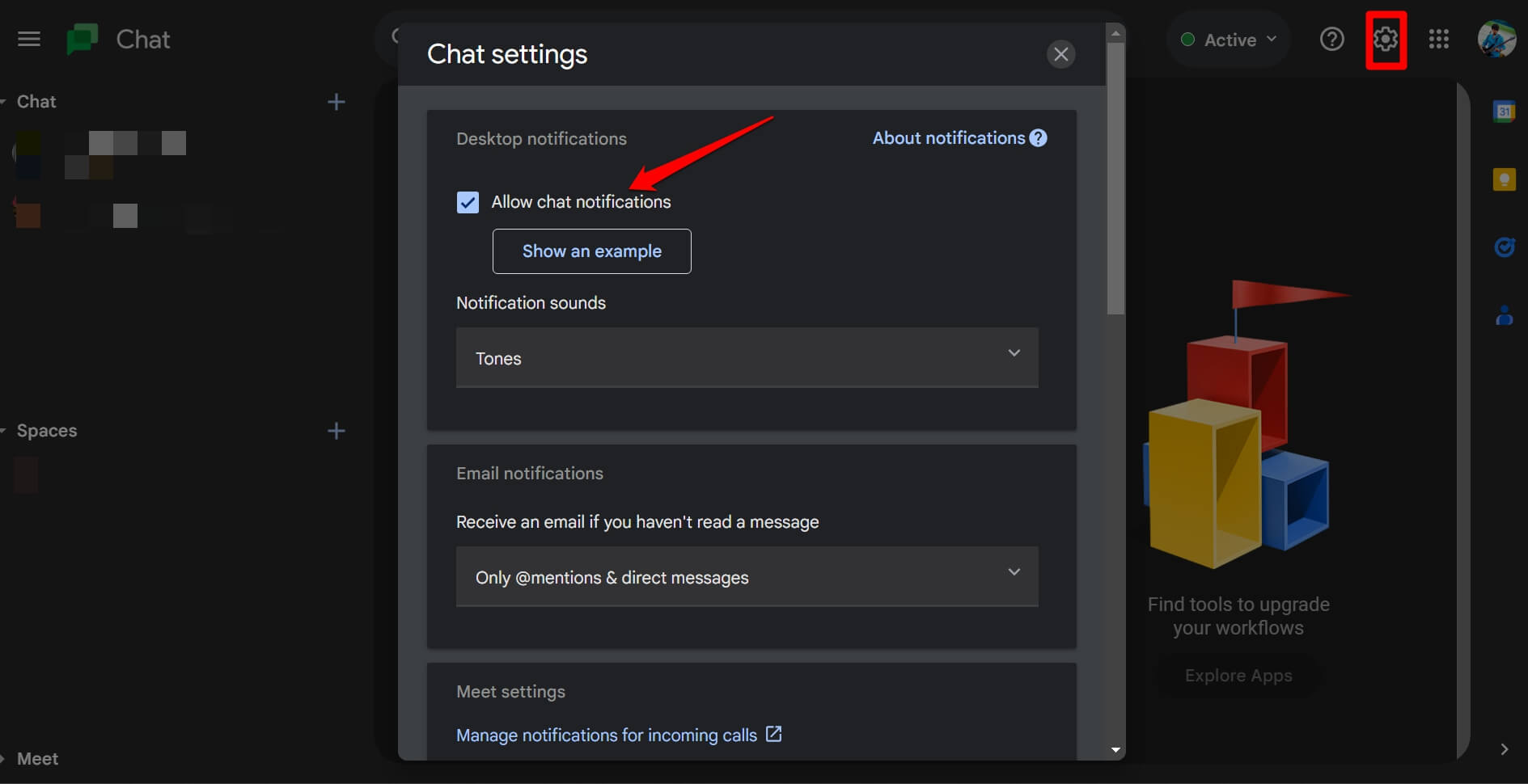 habilitar notificaciones de chat en la aplicación Google Chat