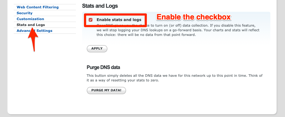 OpenDNS 대시보드 > 설정 > 통계 및 로그 > 활성화