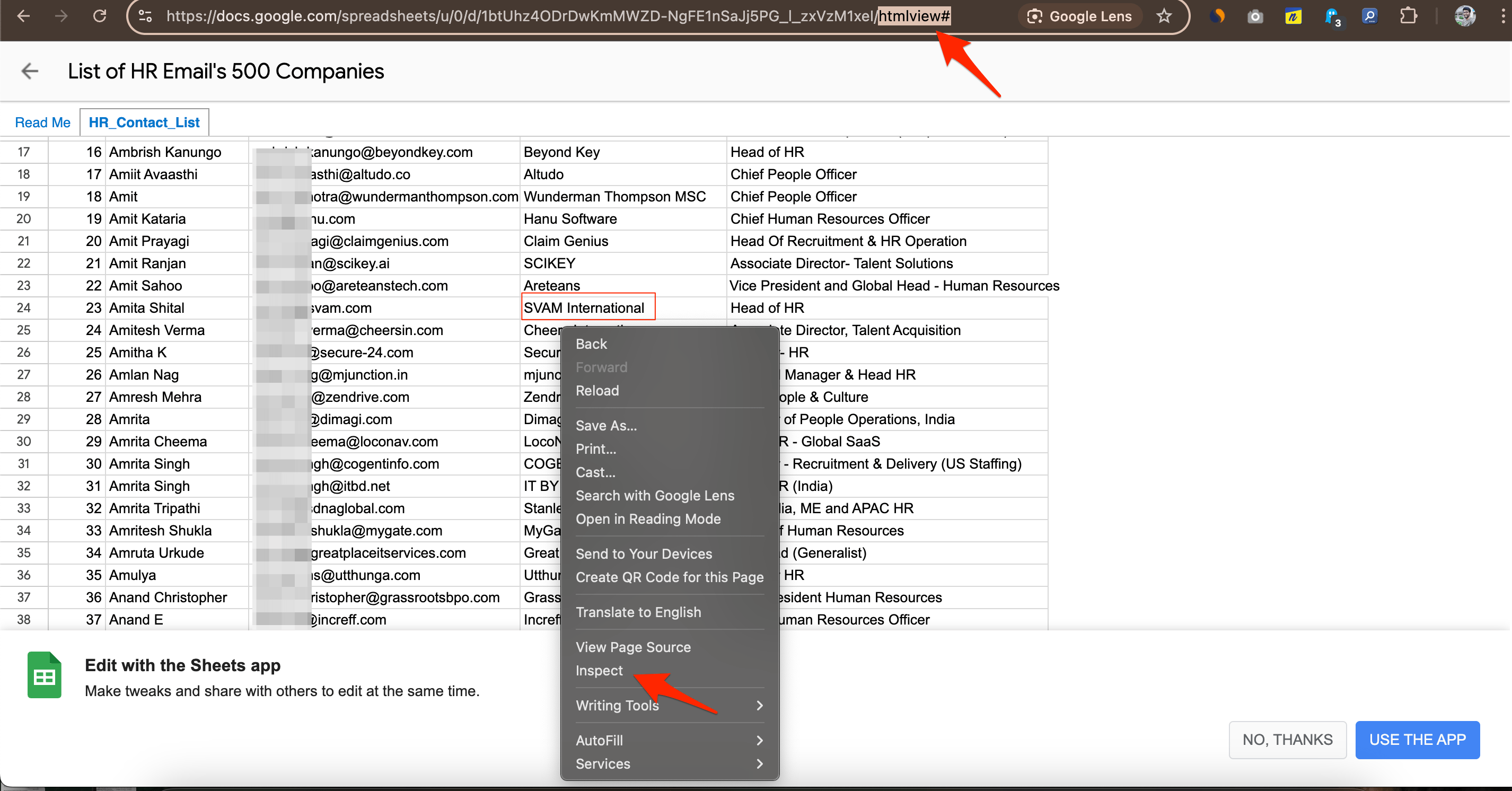 Inspecter la cellule sur Google Sheets en cliquant avec le bouton droit
