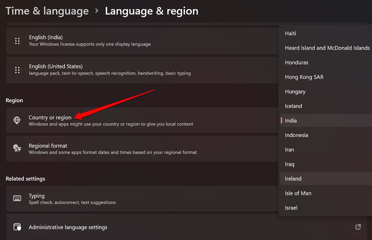 changer de pays ou de région sur Windows 11