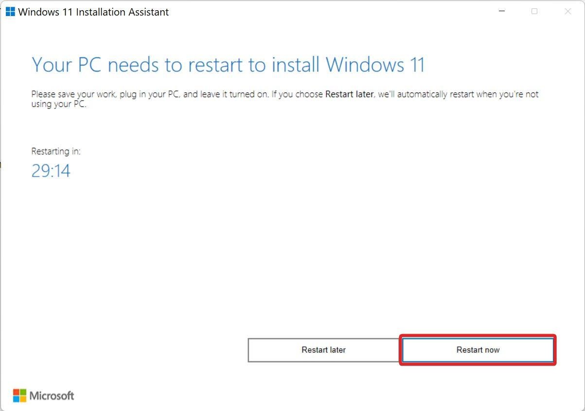 Drücken Sie die Schaltfläche Jetzt neu starten, um Windows 11 zu installieren