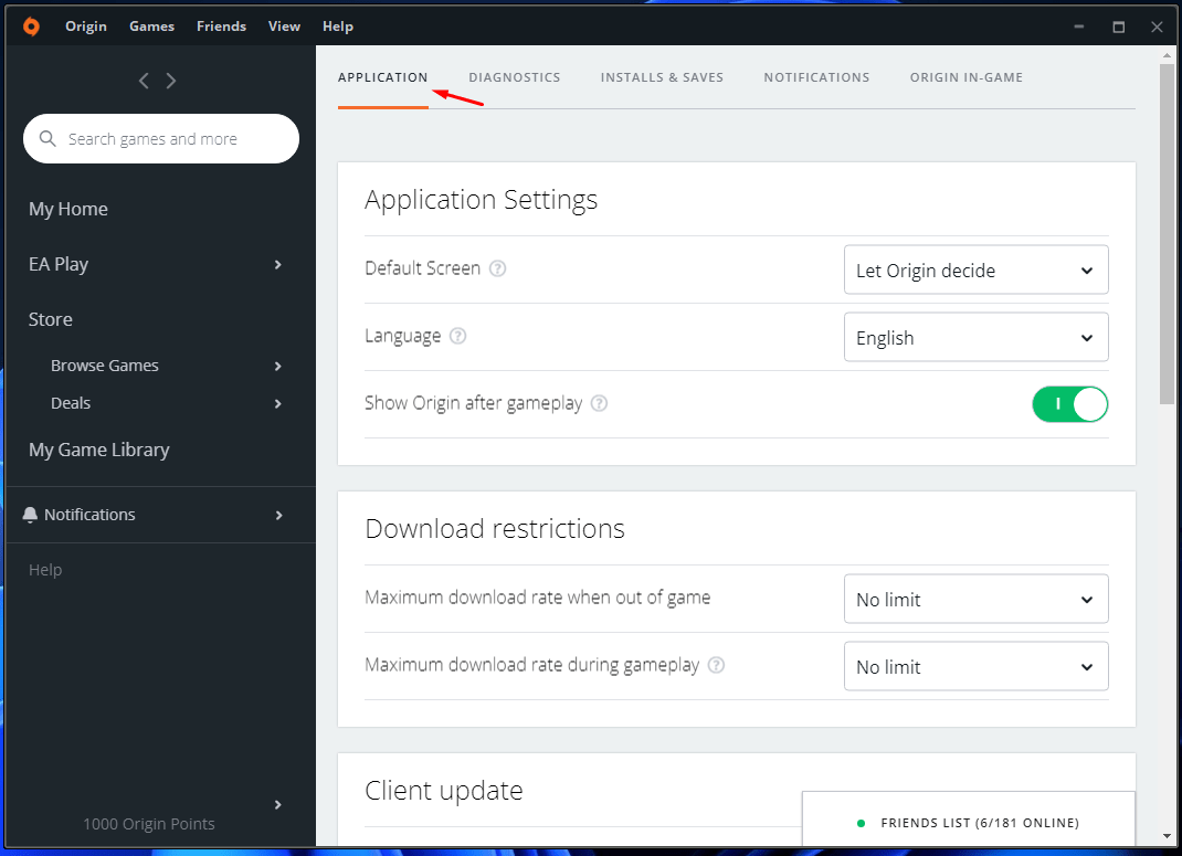 Choisissez « Application » puis faites défiler vers le bas pour trouver la section « Mise à jour du client ».