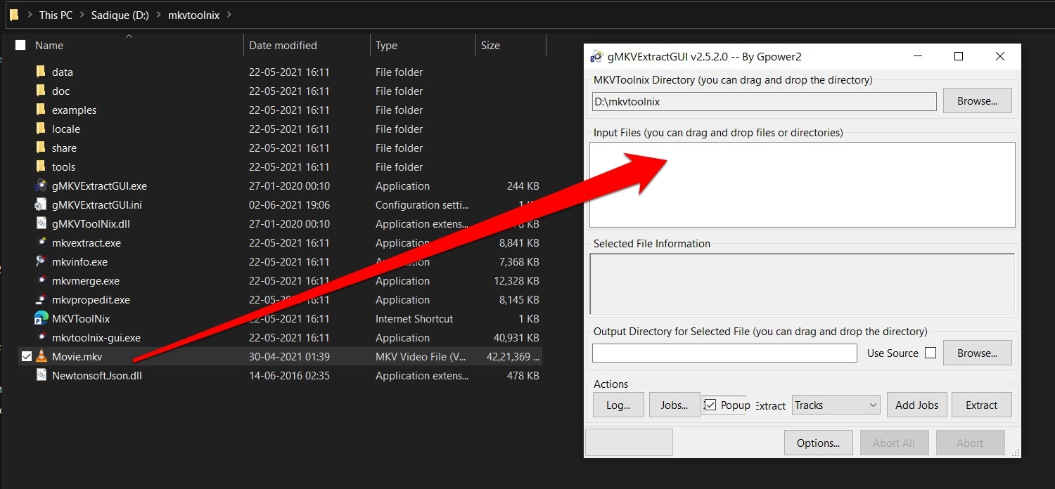 gMKVExtractGUI 도구를 EXE 파일을 통해 실행하고 비디오 파일을 입력 파일 섹션으로 드래그