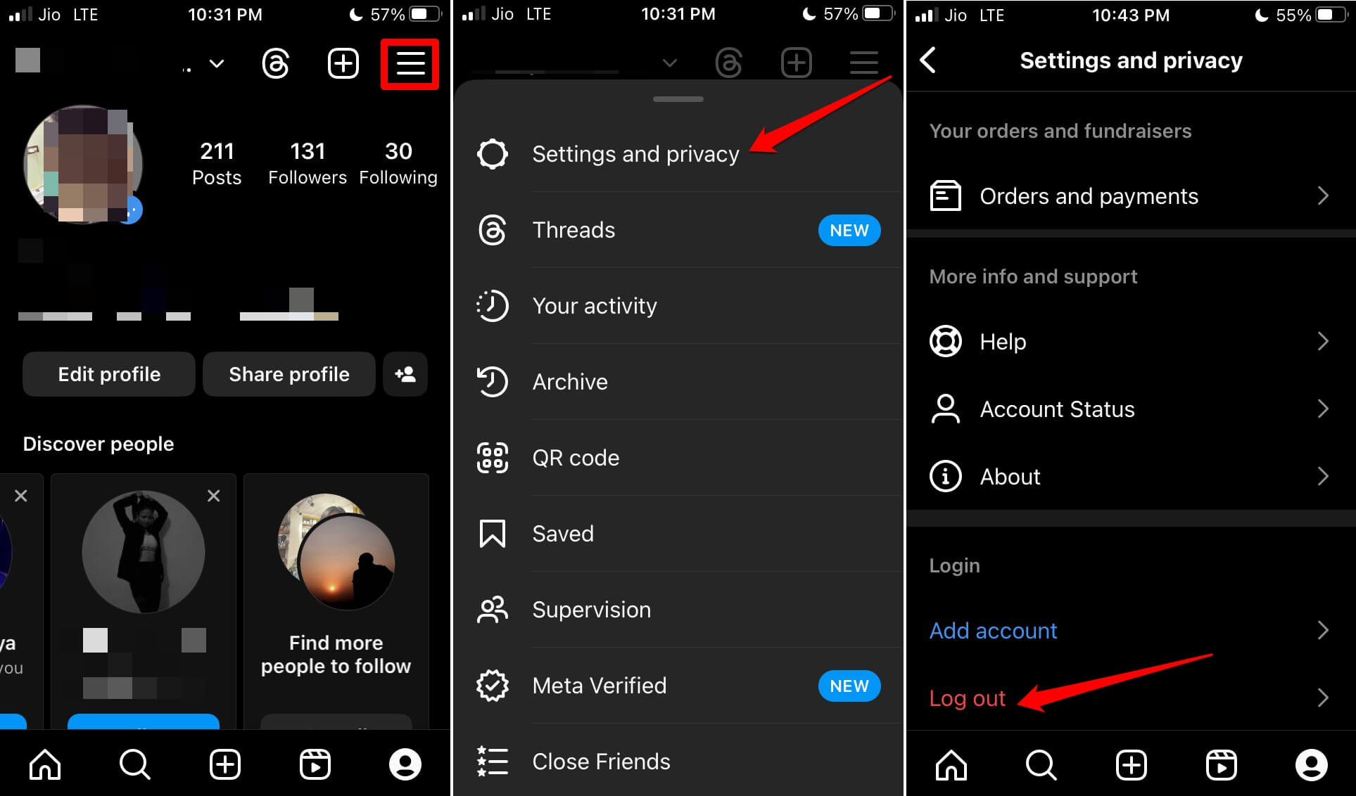 log out of Instagram account