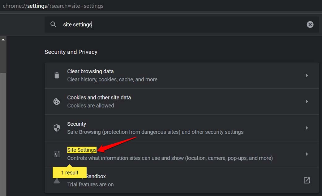 site settings of Chrome