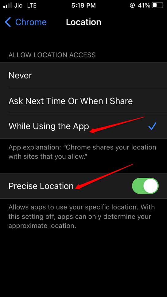 activer la permission de localisation pour Chrome sur iPhone