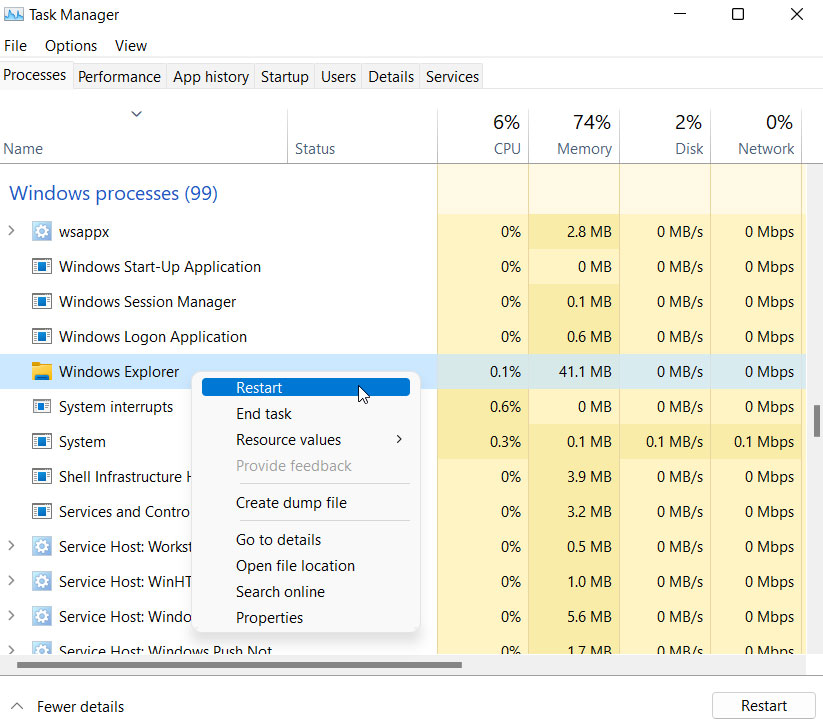 Riavvia Windows Explorer