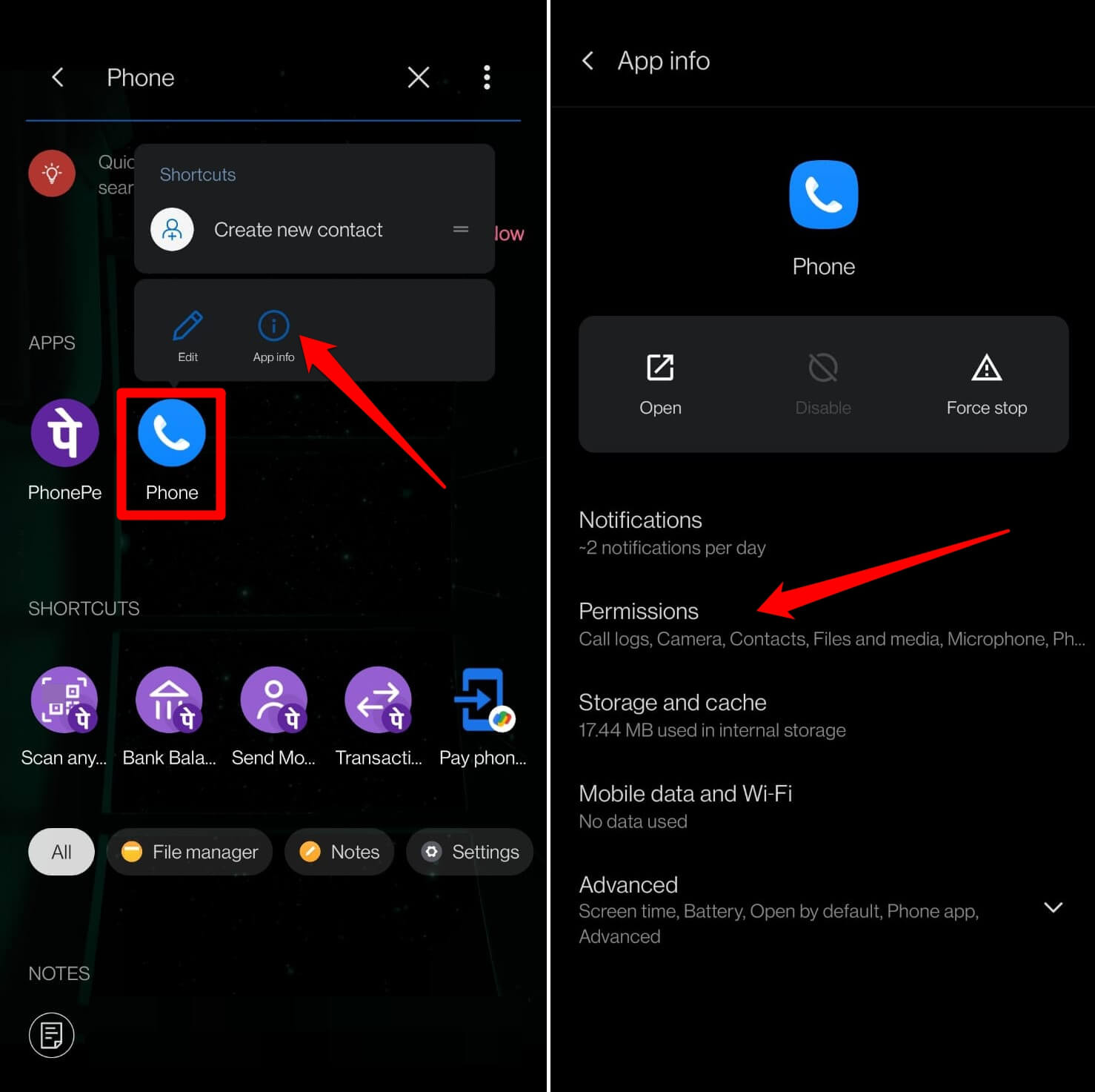 permisos de la aplicación del teléfono