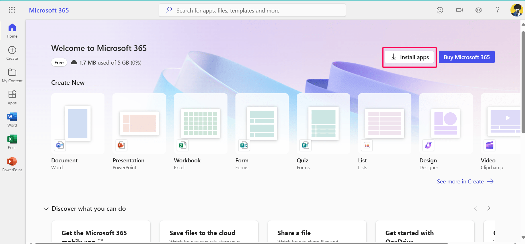Haz clic en Instalar aplicaciones para descargar PowerPoint