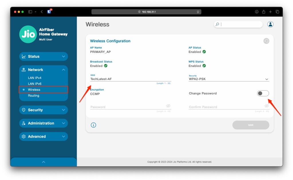 Изменение SSID и пароля Jio AirFiber - Вход в роутер Jio