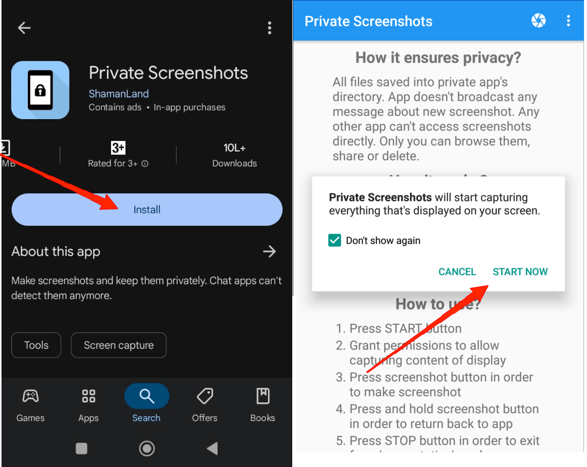 Öffnen Sie die Private Screenshots App und geben Sie die erforderlichen Berechtigungen.