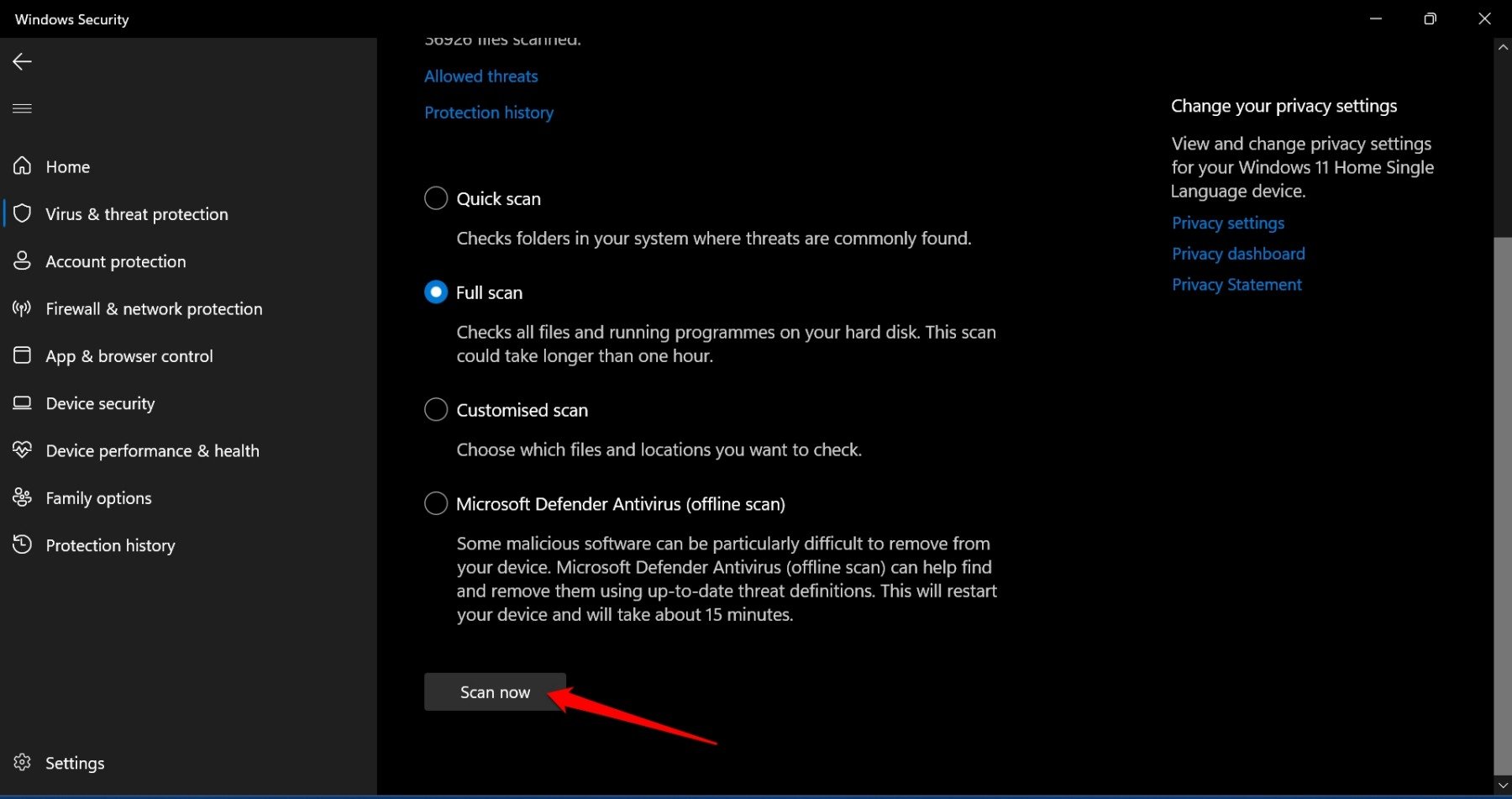 eseguire una scansione completa del PC Windows 11