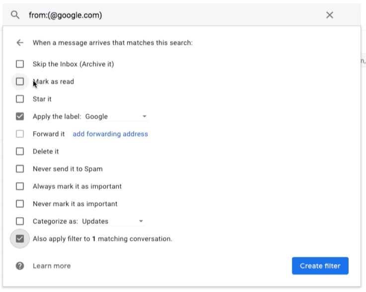 Action de filtre Gmail sur la condition de filtre correspondante et appliquer les modifications
