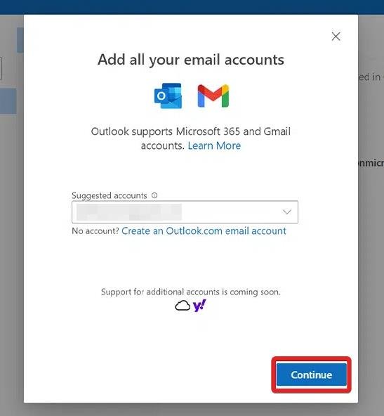 Ajoutez le compte de messagerie et appuyez sur le bouton Continuer