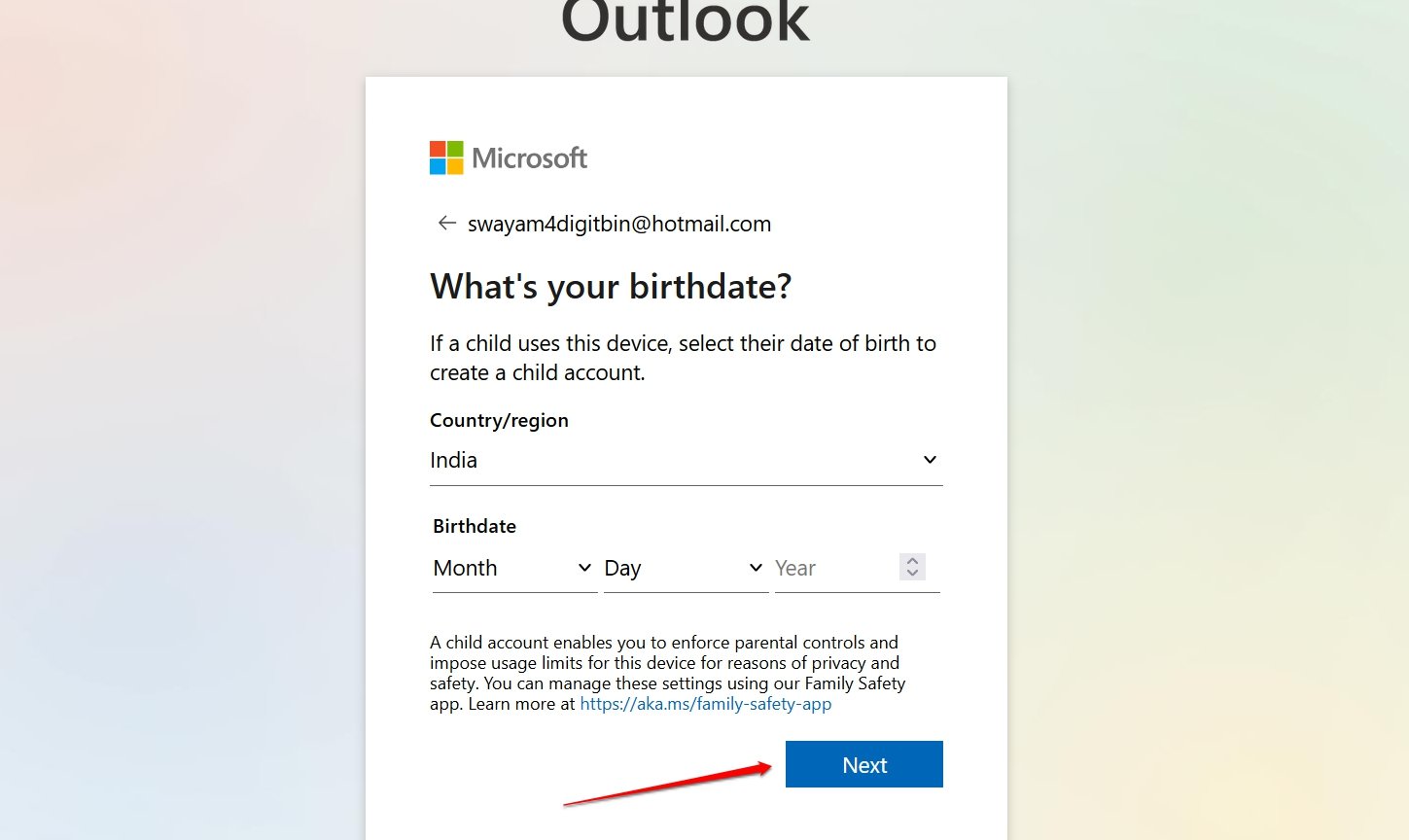 imposta la regione e la data di nascita per l'account hotmail