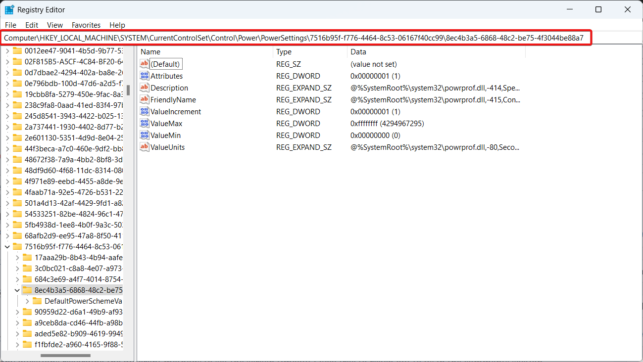Перейдите по следующему пути в редакторе реестра в папке PowerSettings