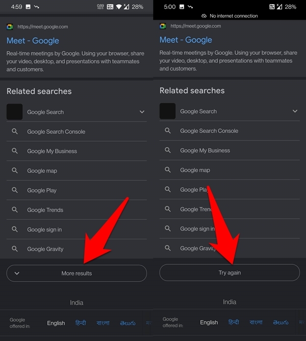 Risolvere l'errore del pulsante Prova di nuovo di Google Search More