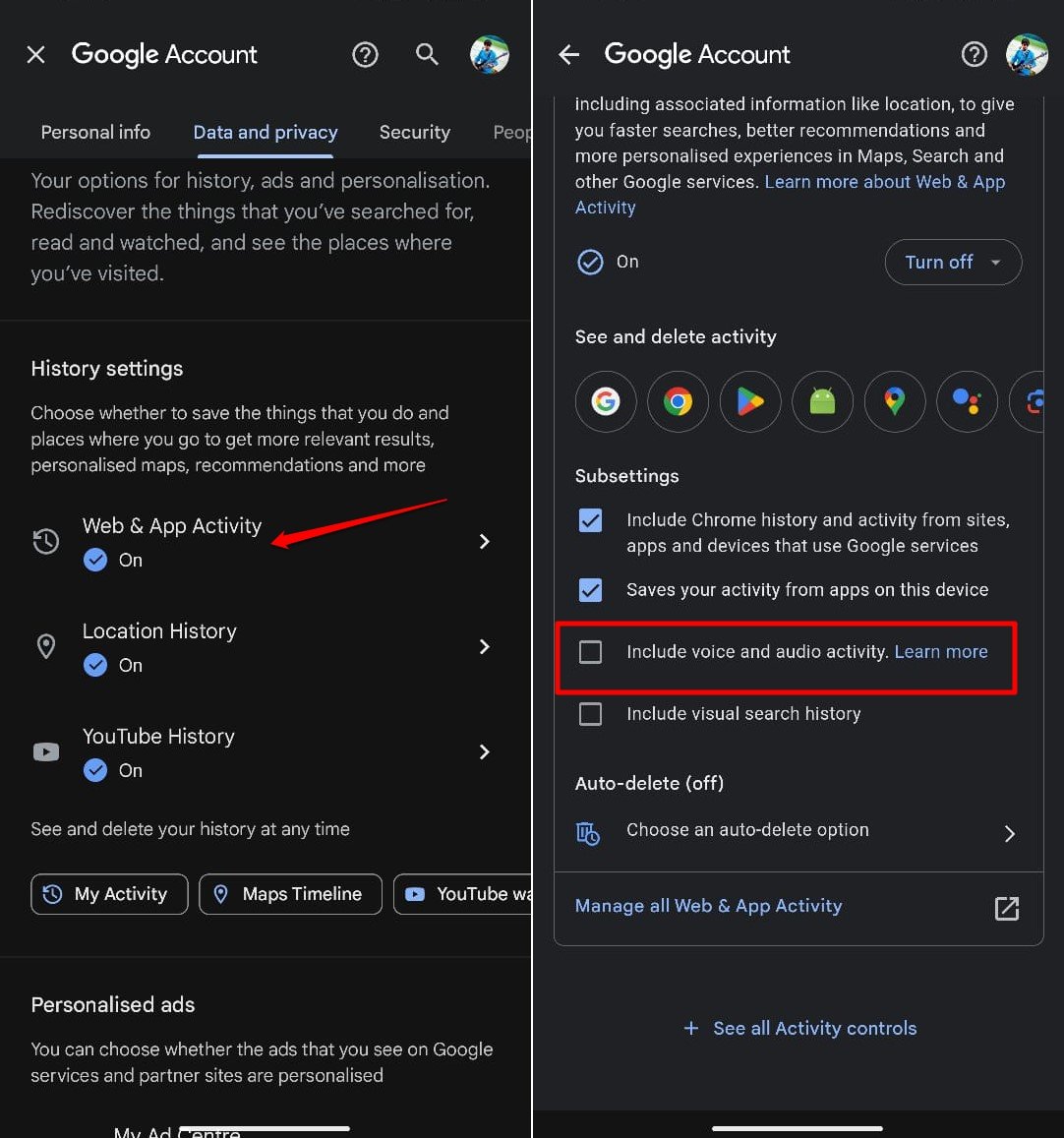 no incluir actividad de voz en la aplicación de google
