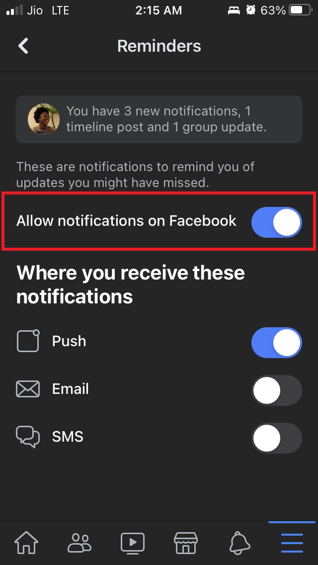 Facebookでの通知を許可を有効にする