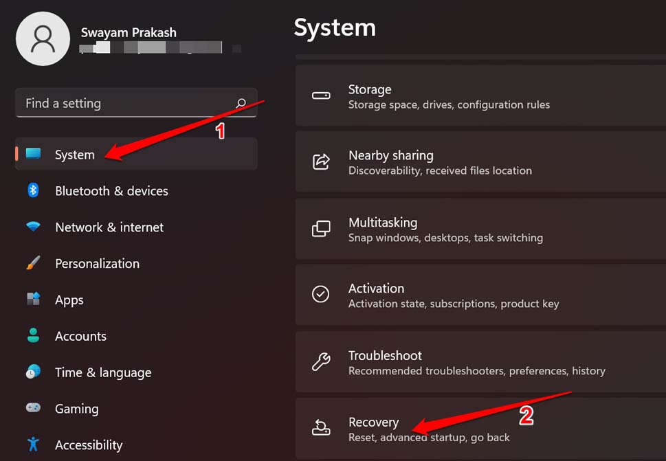 configurações de recuperação do Windows