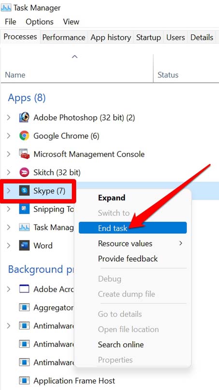 Task beenden Skype