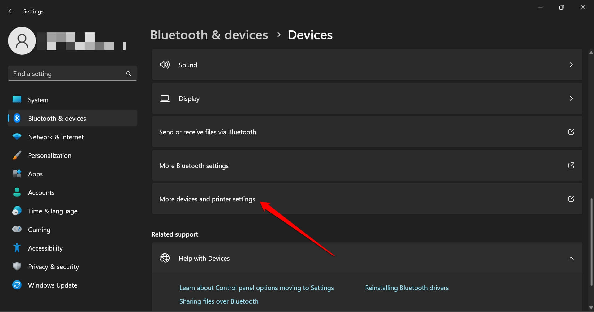 plus de paramètres d'appareils et d'imprimantes Windows