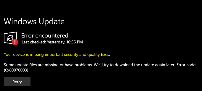Aggiornamento di Windows non riuscito