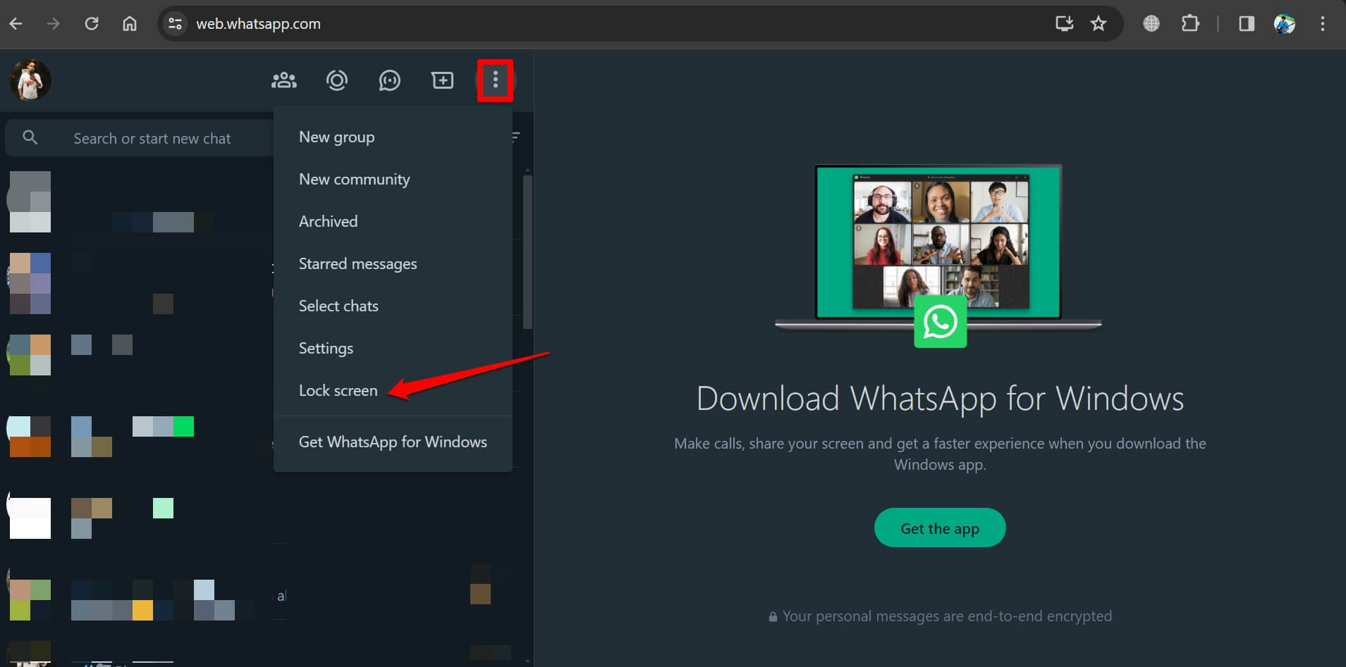 blocca lo schermo di whatsapp web