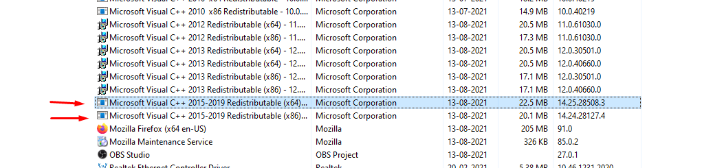 4 - Disinstalla il pacchetto Visual Studio 2015 - 2019