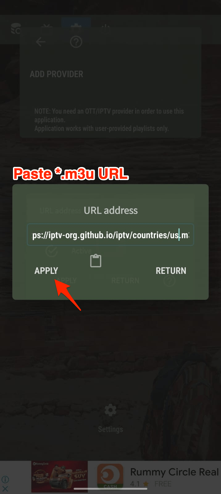 Kopieren Sie die IPTV-URL und fügen Sie sie in das URL-Feld der App ein und Übernehmen