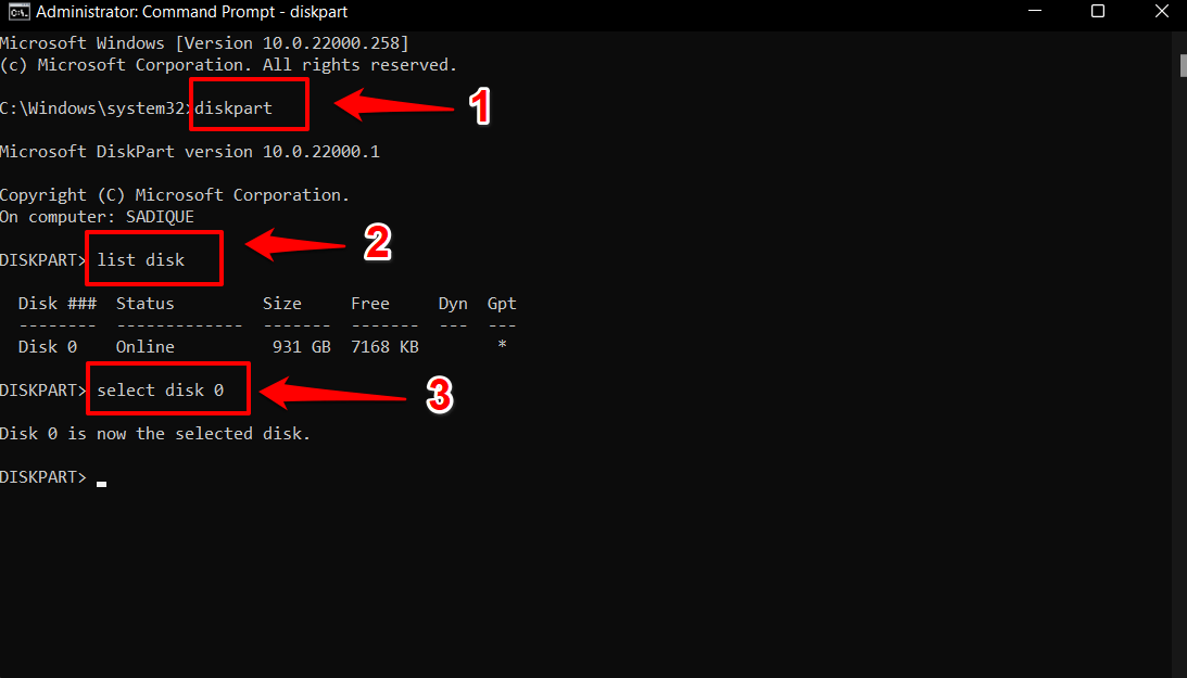 comando de selecionar disco no windows 11