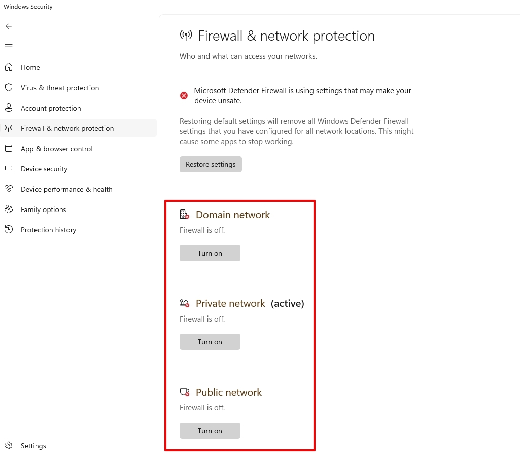 Disattiva tutta la protezione di rete - Codice di errore 0x80004005 in Windows