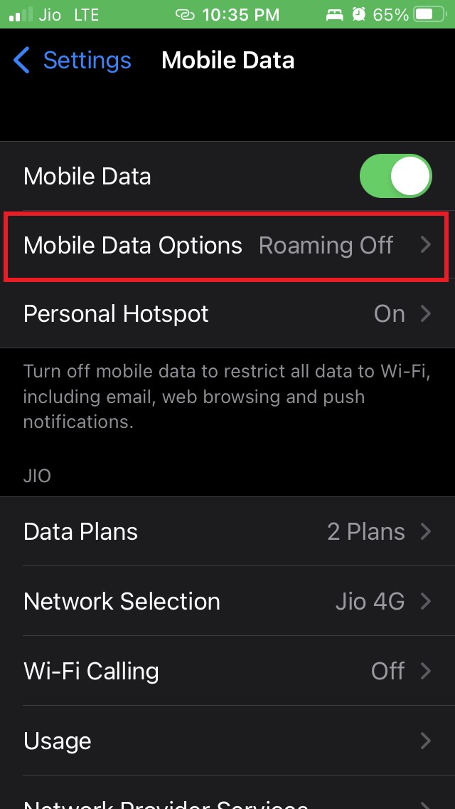 ouvrir les options de données mobiles