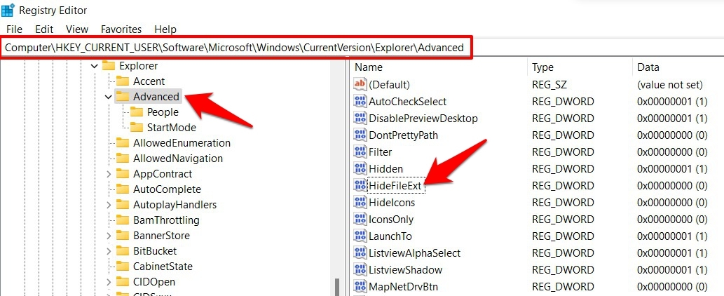 mostra estensione file tramite editor del registro windows 11