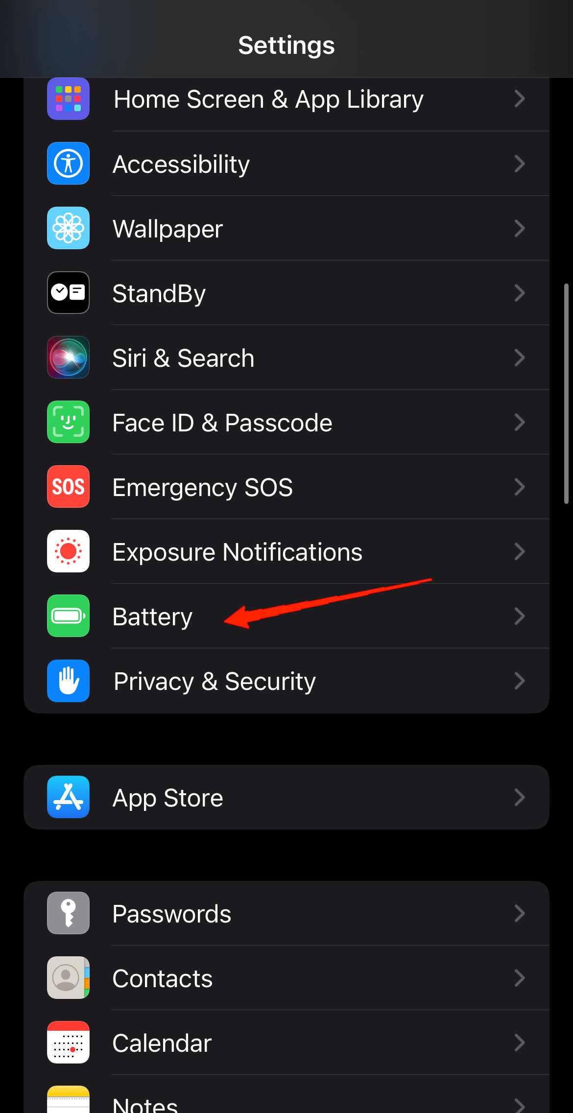 Faites défiler vers le bas et appuyez sur Batterie.